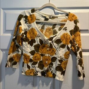 Vintage Y2K Forever 21 Gold Rose Print Crop Cardigan Sweater M Floral 90s